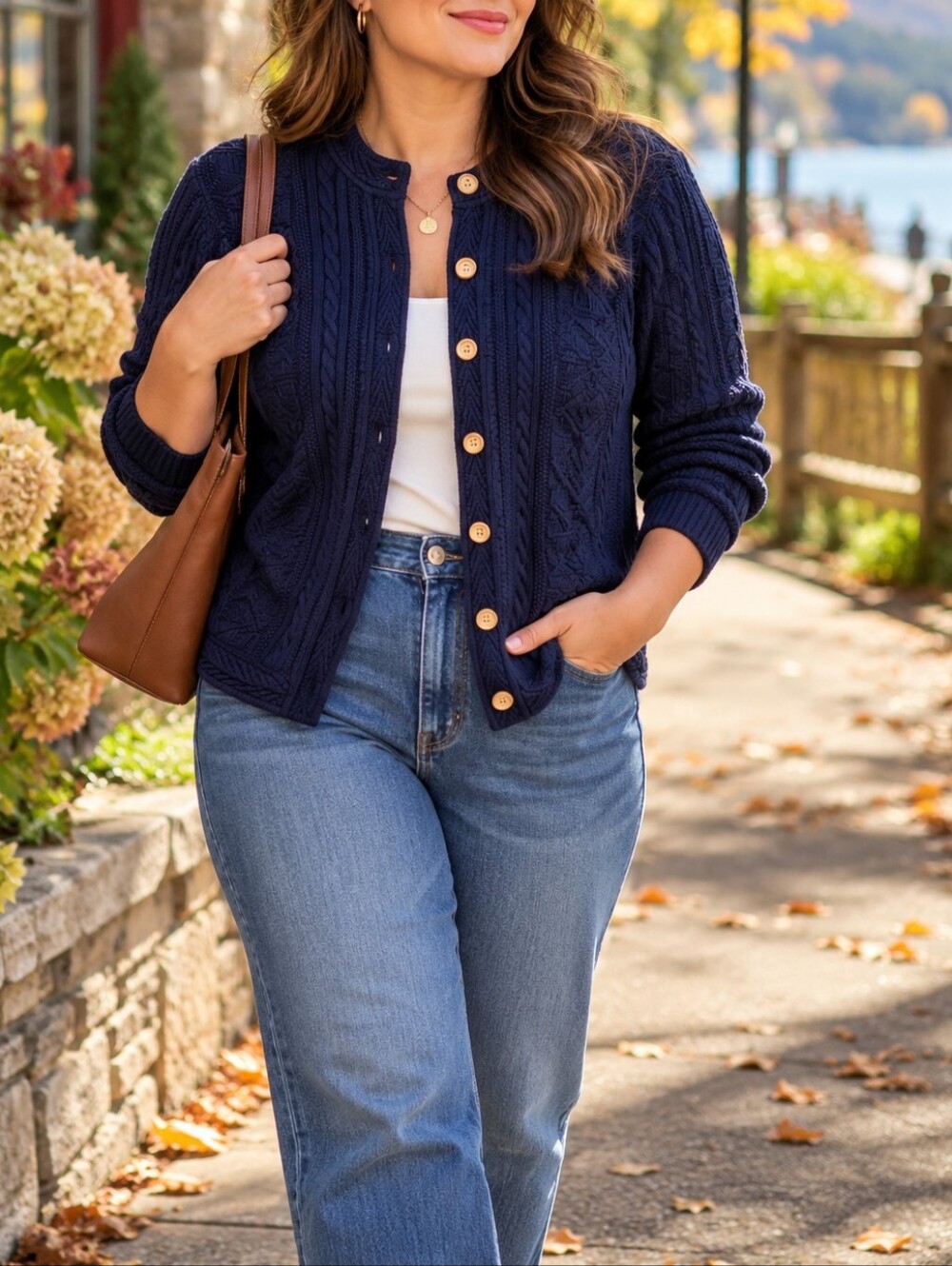 L.L. Bean Navy Cable Knit Cotton Cardigan Wood Button Heritage Preppy